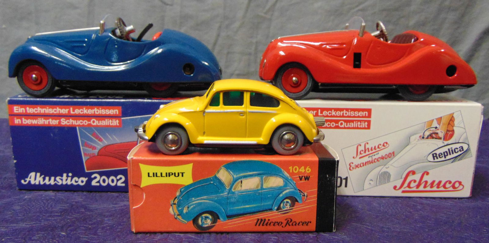 10 Different Modern Schuco Vehicles: Includes 4001 Examinico; 2002 Akustico & 1046 Micro Racer. All like new with inserts, keys and boxes.