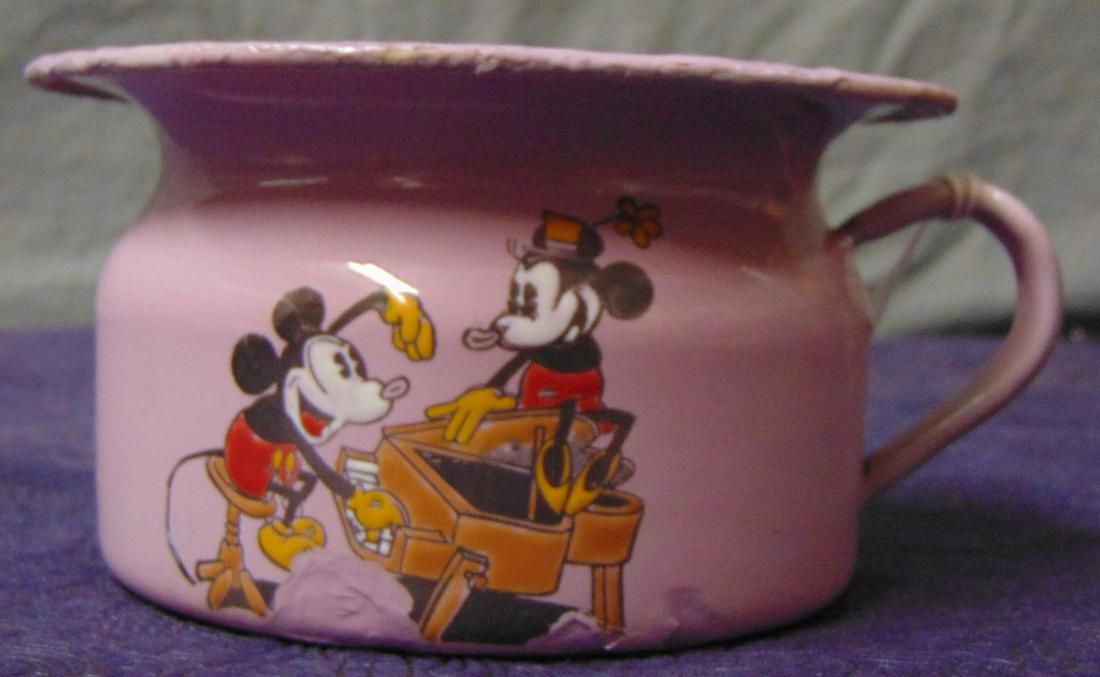 1930's Mickey Mouse Chamber Pot, Germany: Offered is a scarce Mickey Mouse Chamber Pot, made in Germany for Richard Krueger Inc, circa 1930's. Porcelain coated tin with wonderful image of Mickey Mouse playing the piano and Minnie sitting on t