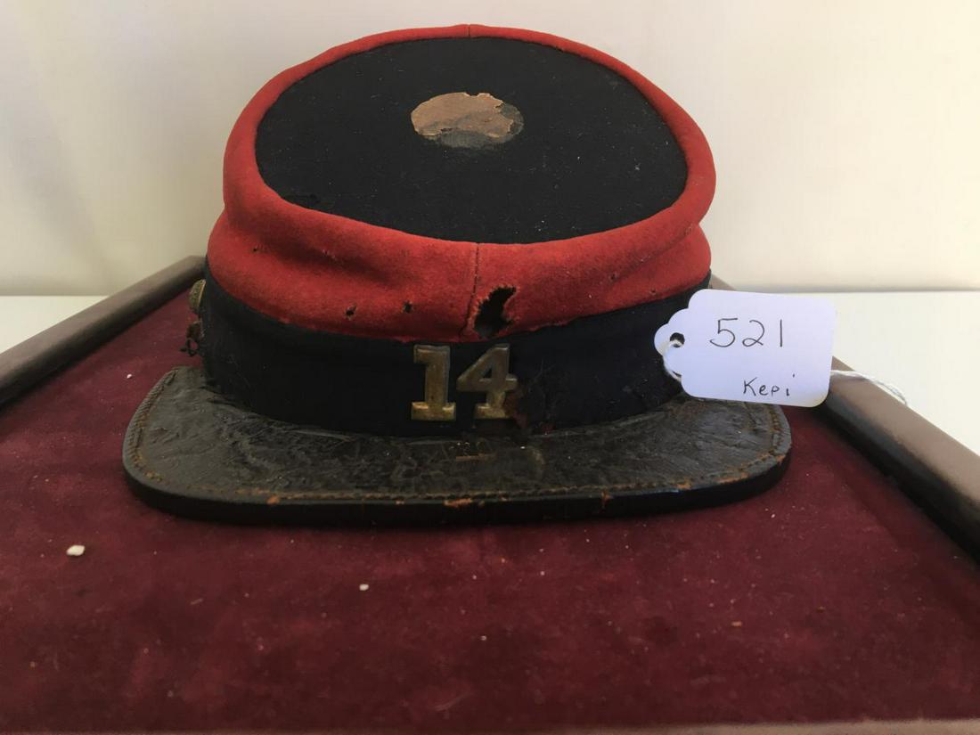 Kepi. 14th Brooklyn Civil War Era.: Possibly Post War. overall Fair to Good condiion. Red Felt Band around witht he balance of hat in Blue with leather brim.