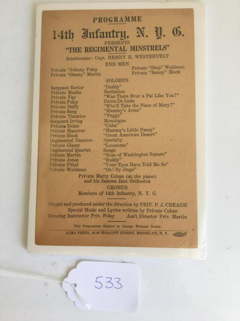 14th Infantry. Lot of Three.: Includes Programme Flyer for 14th Infantry N.Y.G. "The Regimental Minstrels" with Sheet Music Brooklyn City Guard Quick Step and Olney's Quick Step.