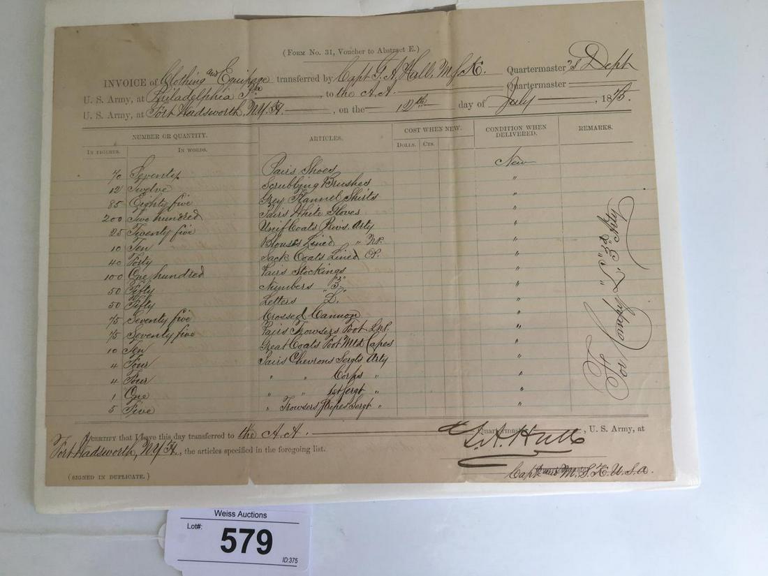 Lot of Five 14th Brooklyn Related Documents.: Lot includes Desertion letter regarding William T. Evers 14th Brooklyn 9/11/1863, Soldier's Family Aid Fund document from City of New York for $10,000 3/11/1864, Letter written by L.M. Kellogg Co B 14