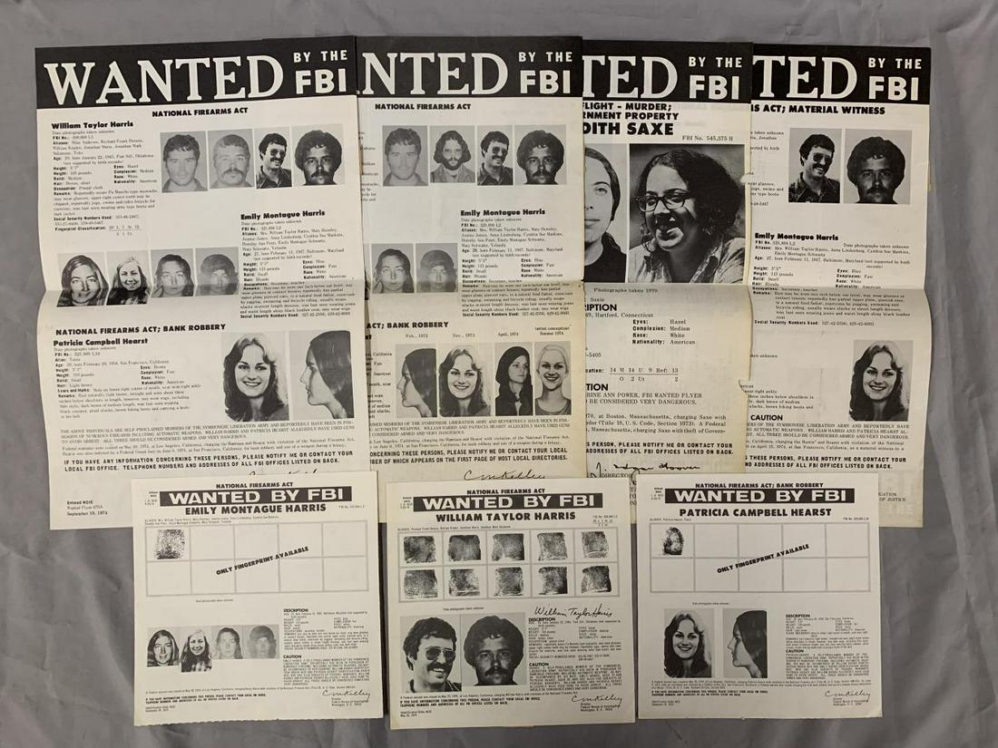 Patty Hearst Archive of Wanted Posters.: Includes Fingerprint posters of Hearst, William Taylor Harris and Emily Montague Harris. Also included are (3) 10" 16" posters for all three. Comes with another wanted poster for Susan Edith Saxe.