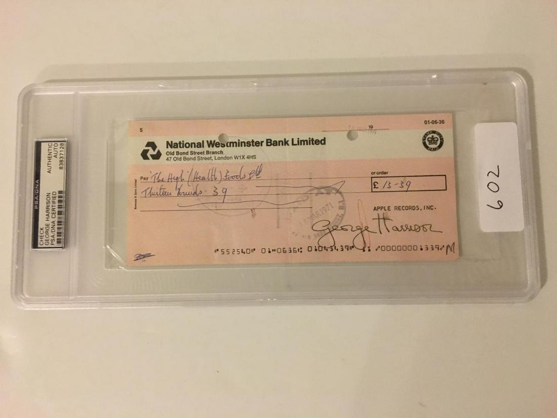 George Harrison Check Signed.: Handwritten check for Health Foods. Strong Signature. PSA encapsulated.