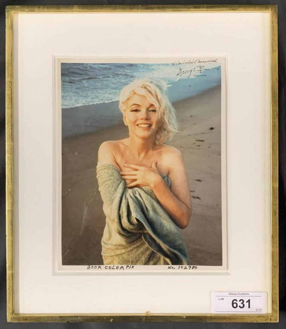George Barris Signed Photo of Marilyn Monroe: Marilyn Monroe Photo, Hand on Chest. Signed with inscription top right "To: Michael Mesnick, George Barris". 8" x 10" photo. Bottom edge reads "Book Color Pix No.102780". Overall frame size approx. 12
