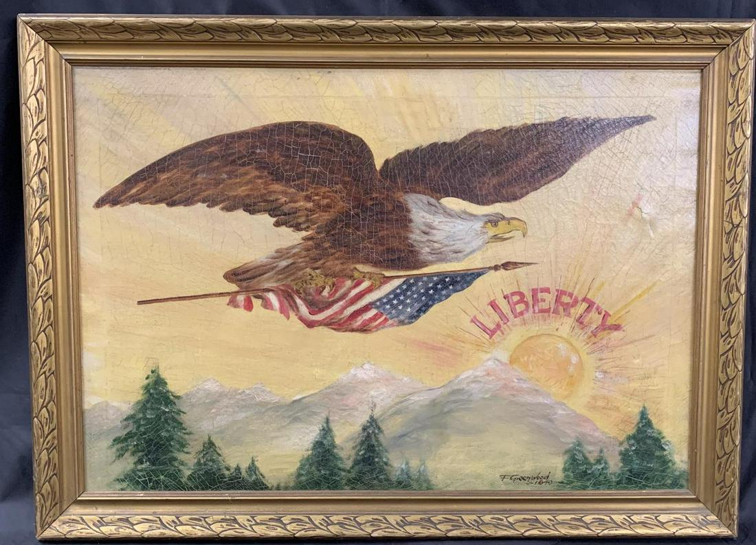 Oil on Canvas American Patriotic Painting, 1840: Offered is an oil on canvas painting, signed by artist and dated lower edge "F. Greenwood, 1840". Great patriotic image of an American bald eagle in flight holding an American flag, rising sun in the 