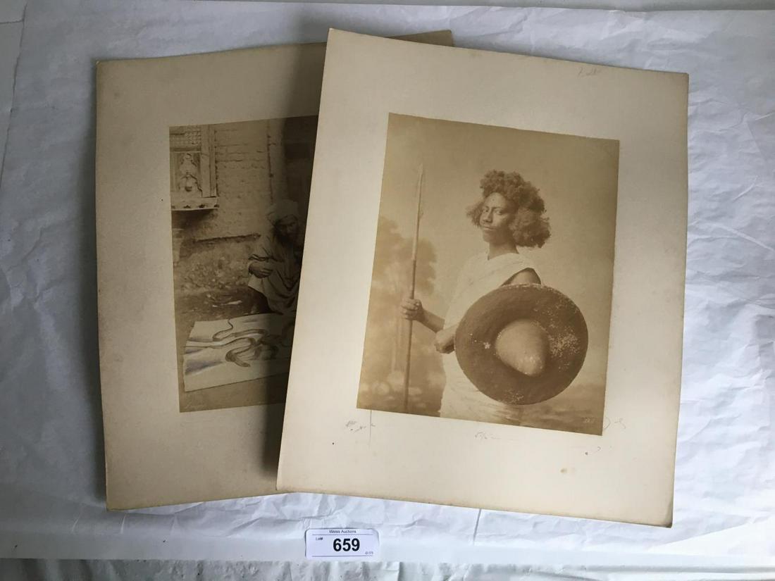 Lot of Two 19th Century Albumne Photos: Includes Sudanese Warrior and a Snake Charmer. Each 9" x 11" image.
