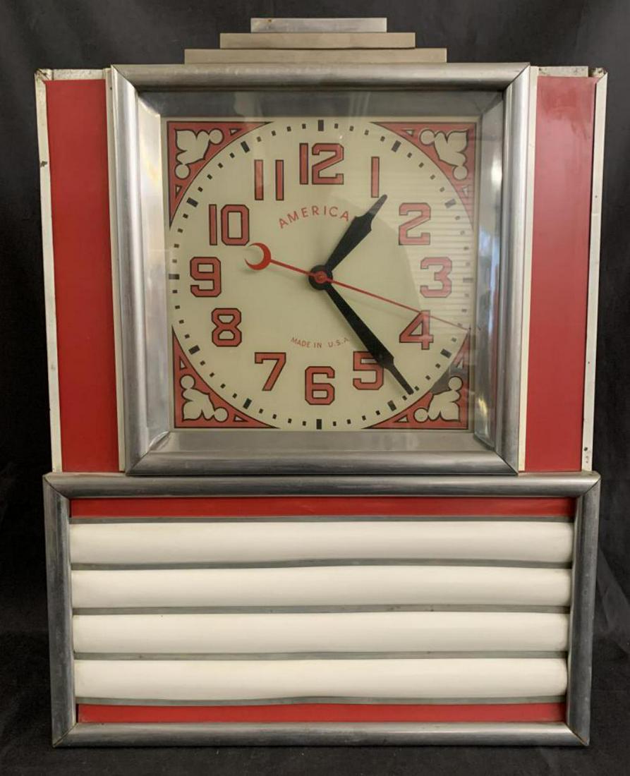 Diner Menu Light Up Advertising Board Clock: American, approx. 18-1/2" wide x 24" high. Reverse painted glass face. Missing paint at lower right corner. Art deco style. Working condition. See images.