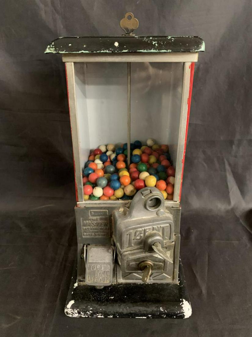 Master 1 Cent Coin Operated Gumball Machine: Working condition. Approx. 16" tall. Keys present. Top and bottom base have been repainted. Shows some wear. See images