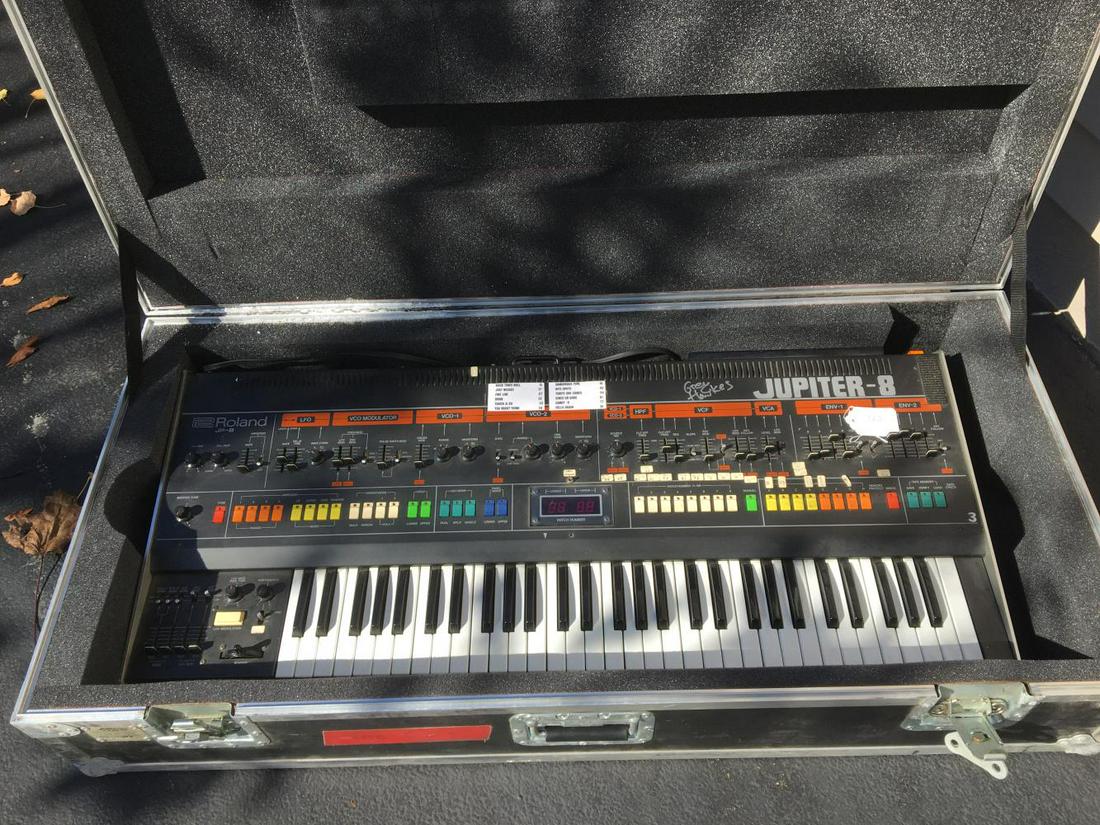 Greg Hawkes, The Cars Roland Jupiter 8 Synthesizer: Greg Hawkes of The Cars Keyboard - Roland Jupiter 8 flagship model synthesizer, Owned and used by Greg on The Cars Recordings and Live in Concert, Set List written on paper taped on, Autographed, func