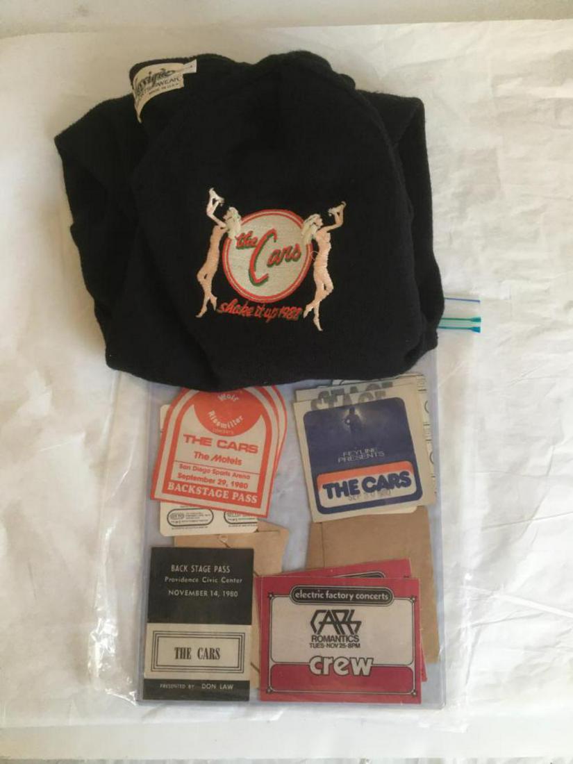 The Cars Tour Sweater & (15) Backstage Passes: The Cars Promotional Tour Sweater, "Shake It Up 1982" embroidered logo with ladies, Classique Sportswear, size L, Band and Crew only, was not sold or merchandise, mint condition, plus (15) Concert Bac