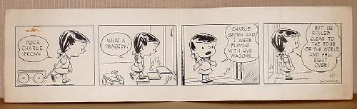 PEANUTS. CHARLES SCHULZ - UNPUBLISHED: ORIGINAL CHARLES SCHULZ PEANUTS DAILY. EARLY 1950'S DAILY WITH LAST PANEL MARKED 8/7 (AUGUST 7TH). STRIP FEATURES VIOLET. 8" X 29". IT HAS BEEN DETERMINED THAT THIS DAILY HAS NEVER BEEN PUBLISHED, THU