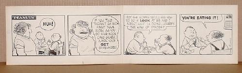 CHARLES SCHULZ "HAGEMEYER": ORIGINAL CARTOON DAILY SIGNED IN LAST PANEL BY SCHULZ. PREVIOUSLY UNHEARD OF DAILY DONE BY SCHULZ USING A BLANK PEANUTS PANEL SHEET. PEANUTS CROSSED OUT AND THE WORD HAGEMEYER HAS BEEN ADDED IN BLUE P