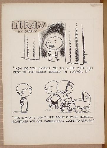 CHARLES SCHULZ. LIL FOLKS.: ORIGINAL ART. PRE PEANUTS. 13 X 19" PANEL., FEATURES 2 SEPERATE CARTOON VIGNETTES. THESE ARE THE "ORIGINS" OF THE PEANUTS GANG AND THEY SELDOM SURFACE OR COME ONTO THE MARKET. CONDITION IS EXCELLENT