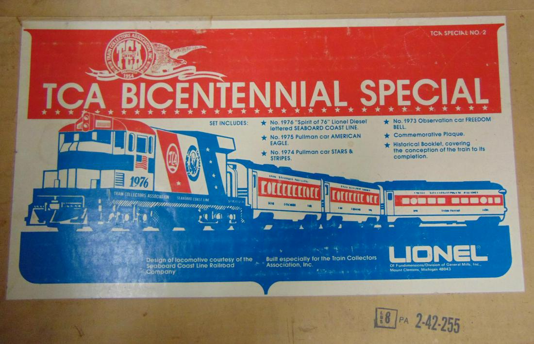 Lionel TCA Bicentennial Special 2: (44 years ago!) Includes a 1976 Diesel with 3 passenger cars. It is factory sealed in shipper. From The Collection Of Frank Pisani.