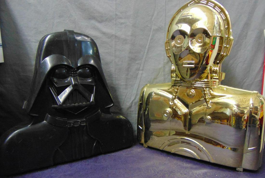 Star Wars Darth Vader & C3PO Action Figure Cases: Lot of 2. Both are empty with no figures. Both cases have the interior black bars, and both have some name decals affixed, and both are missing the remaining name labels. C3PO case has all 3 locking t