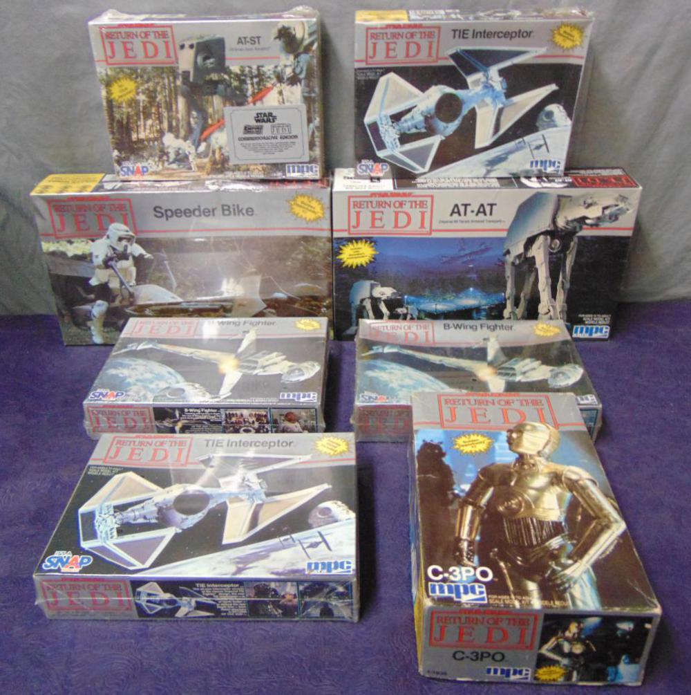 (8) Star Wars ROTJ Model Kits, Some Sealed: Great lot of (8) Star Wars Return of the Jedi Model Kits by MPC. Includes open box & unassembled C-3PO (1983, #1-1935, pieces are loose with instructions), open box & assembled AT-AT (1989, #8919), an