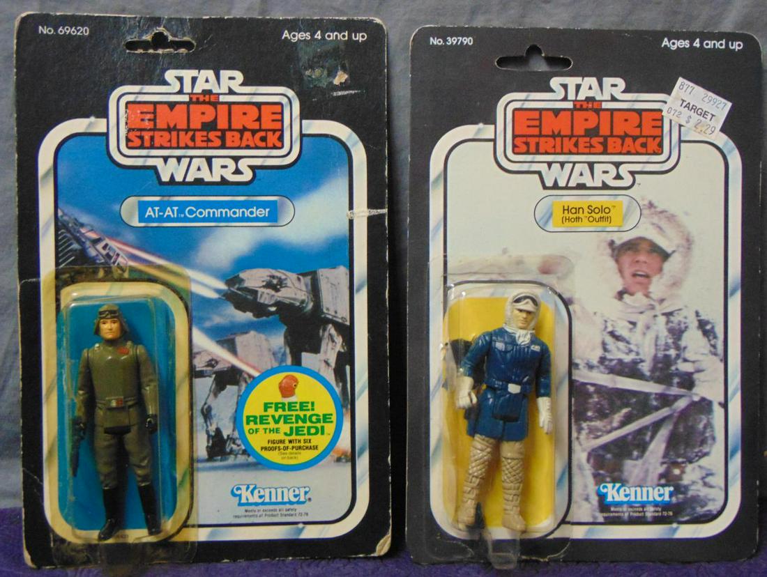 (2) Vintage Star Wars ESB Action Figures, MOC: Lot of 2, Vintage, Mint on Card, Star Wars Empire Strikes Back Action Figures by Kenner. Includes (1) Han Solo in Hoth Outfit (1980, 31-A back), clear bubble well attached all around, however some wea