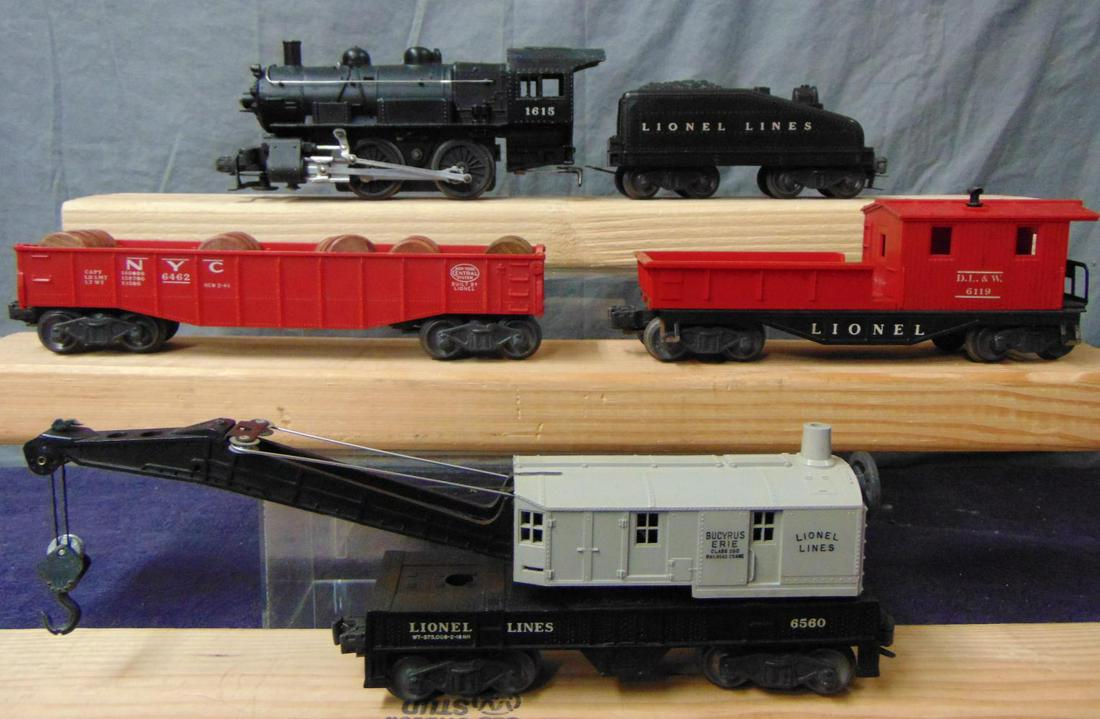 Clean Lionel Steam Freight Set: Includes a 1615 0-4-0 switcher; 1615T slant back tender; 6560 gray crane; 6462-125 gondola with barrels; 6119-1 work caboose, small stress mark on roof. Otherwise show light playwear.