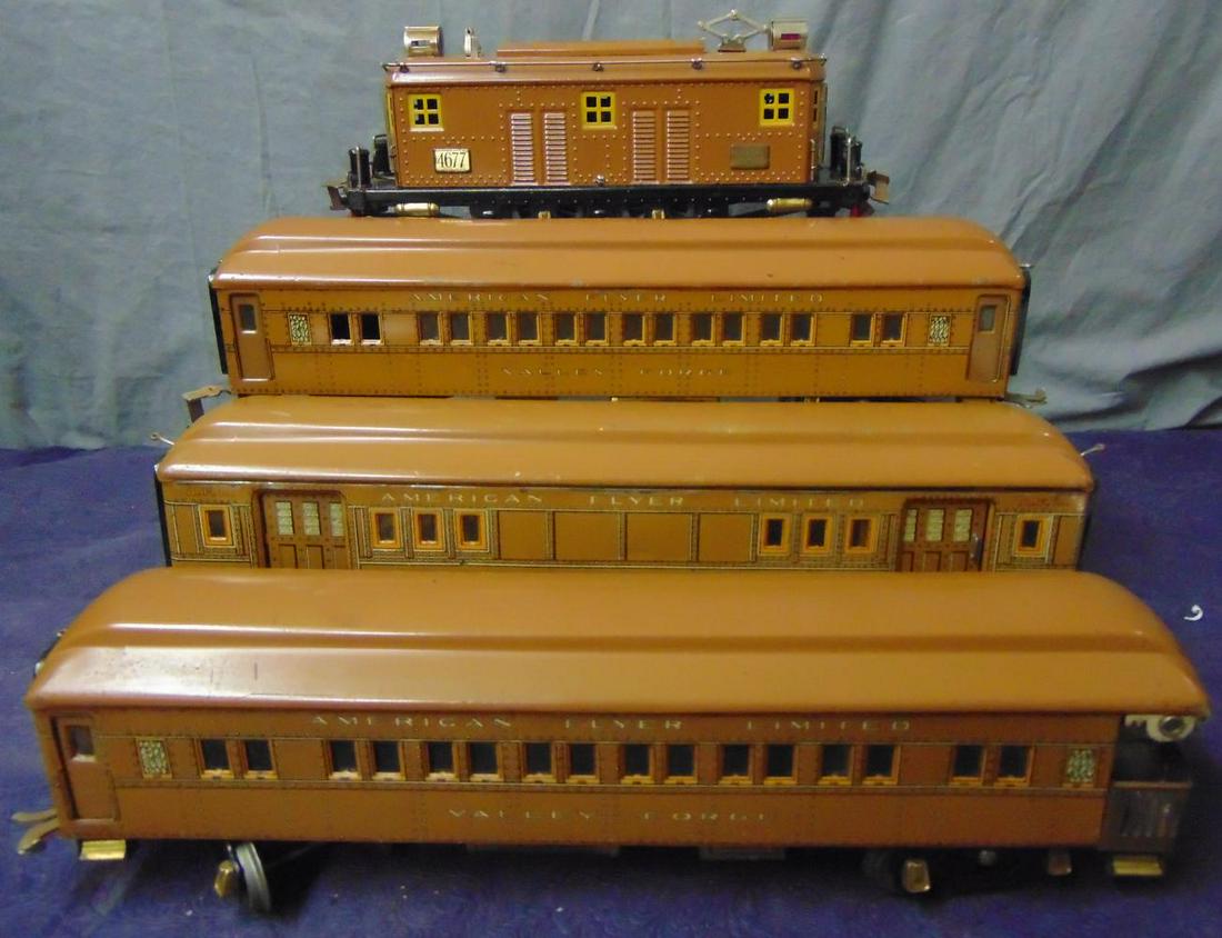 Nice American Flyer The Chief Passenger Set: Standard Gauge. Circa 1927. Includes a 4677 boxcab electric; 4080 baggage; 4081 Coach, 3 dings in roof; 4082 Observation. All are matching, clean & shiny, otherwise, showing light playwear. Nice! From