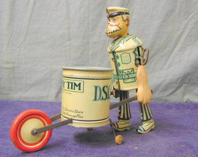 Nice Marx Tidy Tim Walker: Classic litho tin Marx toy, 9” long with functional mechanism. It is missing his broom, but shows light playwear.