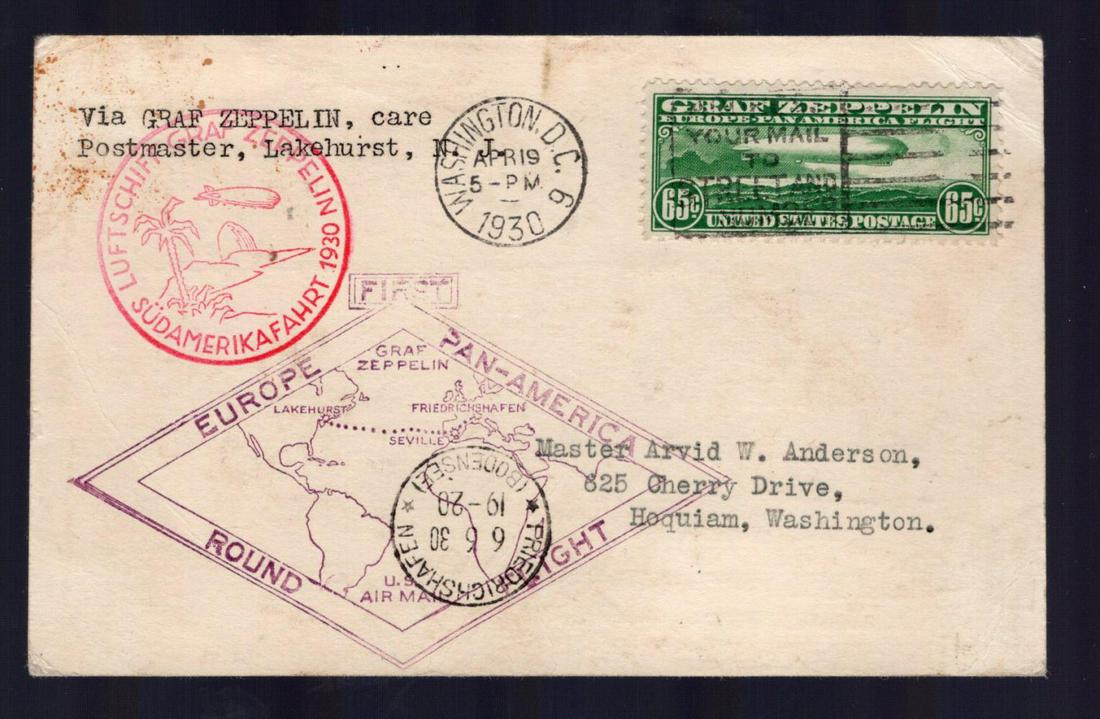 C13 U.S. First Day Cover.: 65 Cent Graf Zeppelin Flight Cover 1st Day of Issue. Catalogue Value $1000. 00
