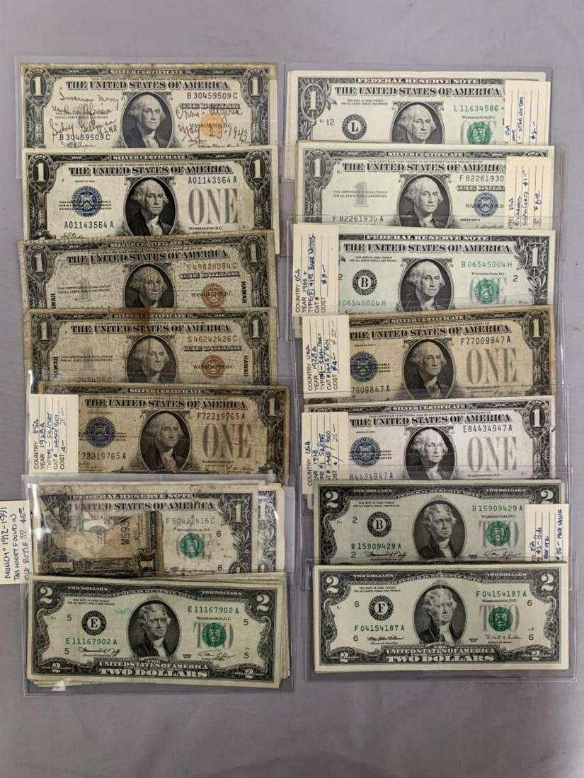 U .S. Currency Lot.: One and Two Dollar Bills. Various dates and grades. Includes a One Dollar "Short Snorter". Hawaii Notes, Silver Certificates, (18) Ones and (20) Two Dollar Bills.