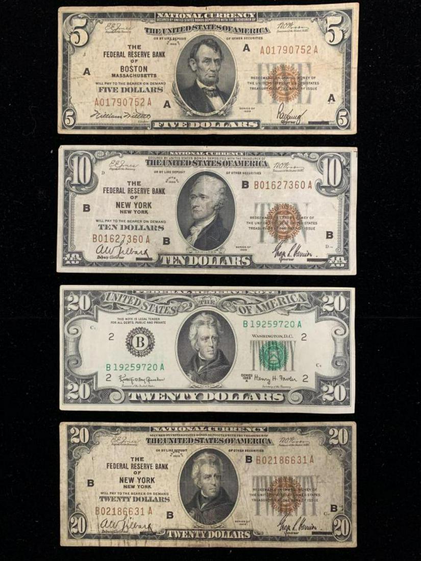 Lot of Four U.S. Bank Notes.: Includes Series 1929 $5 Boston, National Currency, $10 1929 Brown National Currency, 1965 $20 and 1929 $20 National Currency.