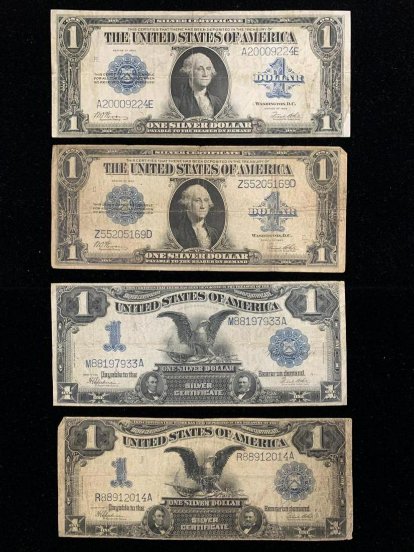 Lot of Four Large Silver Certificates.: (2) 1923 Large bills and (2) 1899 Large bills. Mixed grades.