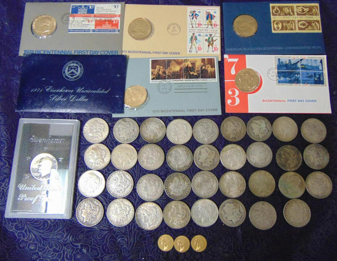U,S, Coin Lot.: Lot includes (34) Silver Dollars, Morgan and Peace. (3) Five Dollar Gold Pieces and Modern Dollar Coins. This lot is being offered by the Public Administrator of New York County from the Estate of Ren