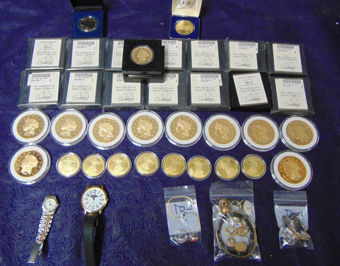 Estate Jewelry and Other.: Lot includes Wrist Watches, Costume Jewelry, 14 K Jewelry 3.4 grams, silver Jewelry 27 grams total wt, (25) Replica Limited Edition U.S. double Eagle Coins and (10) Replica Limited Edition U.S. $50 co