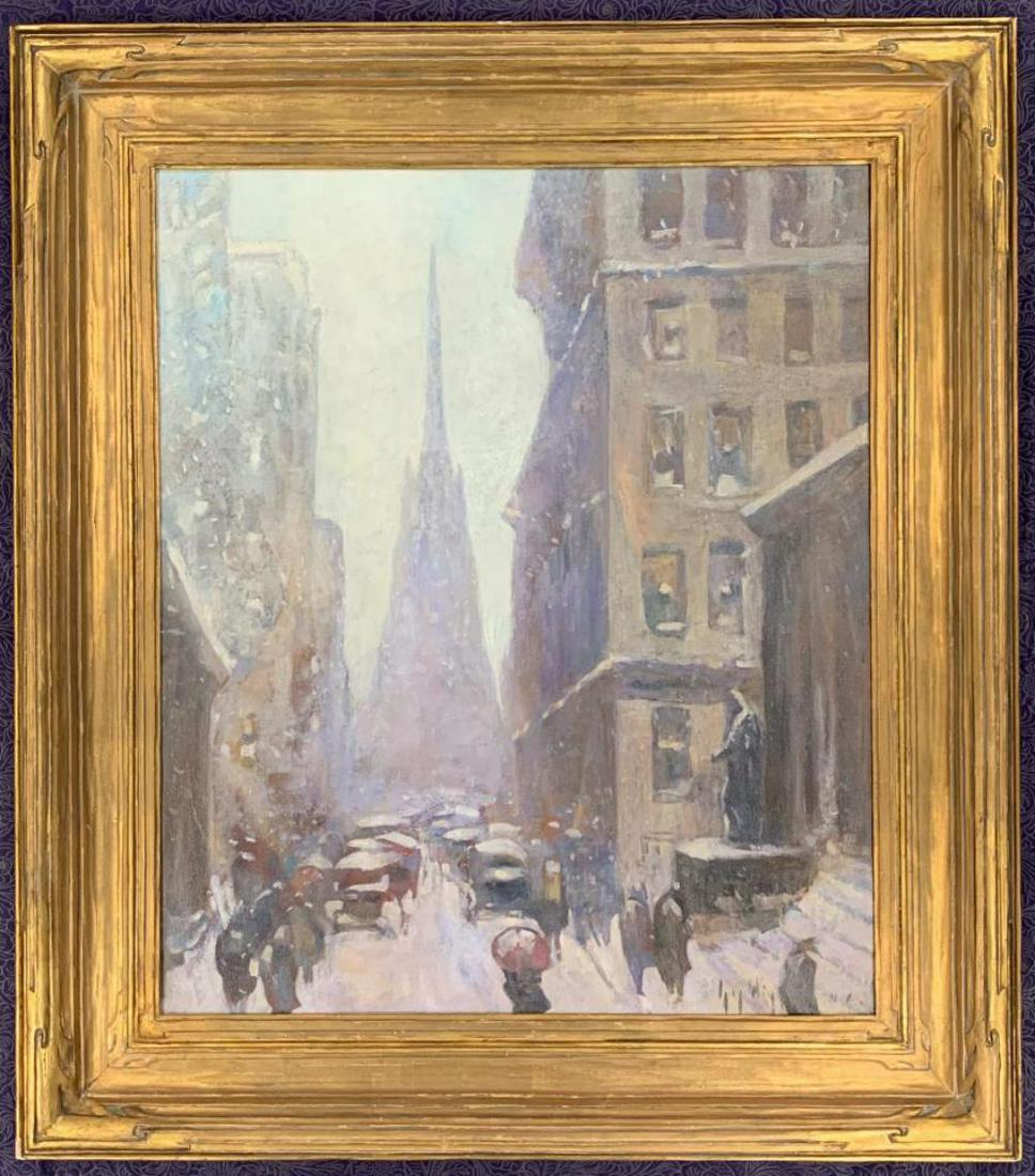 Guy Wiggins (1883-1962), O/C "Wall Street": Beautiful oil on canvas winter scene by Guy Wiggins (American, 1883-1962). Image depicts "Trinity Church & Wall Street". Signed lower right, and also titled and signed on the verso. Canvas size approx