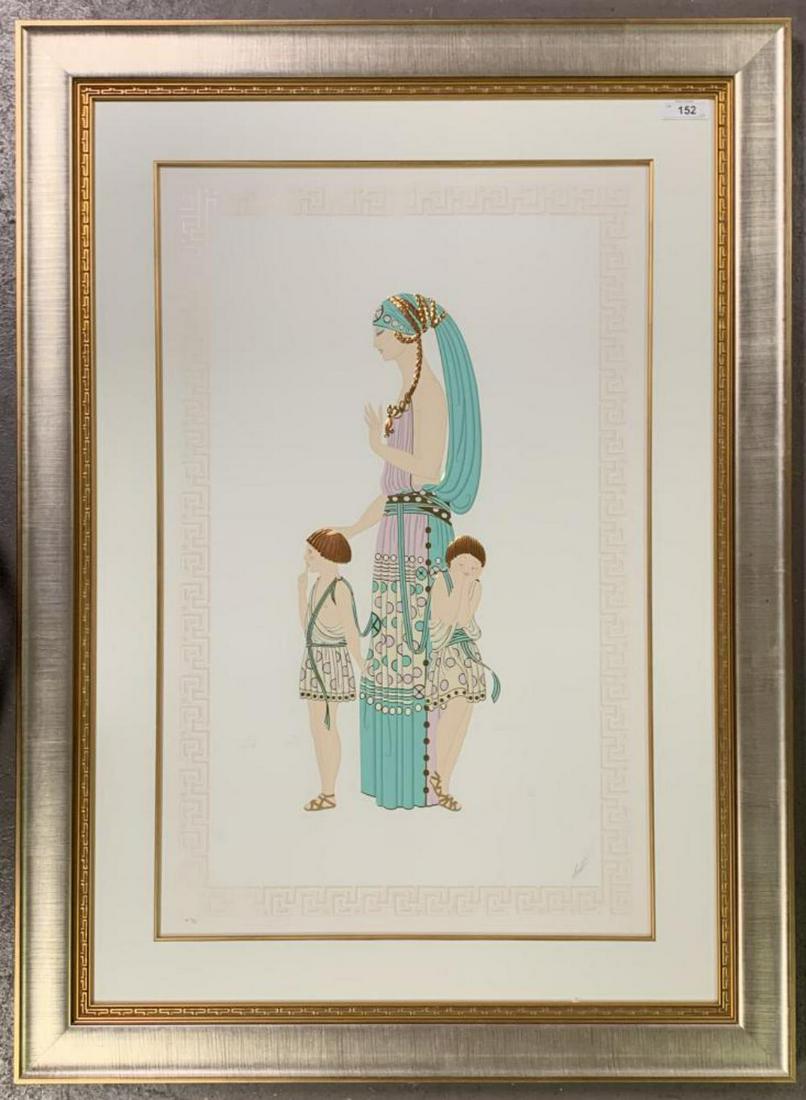 Erte Serigraph Titled "Motherhood".: Romain "Erte" De Tirtoff (Russian-American, 1892-1990) hand signed embossed lithograph with gold and silver highlights, titled "Motherhood, AP 53/60", depicts a mother standing with her 2 children; ex
