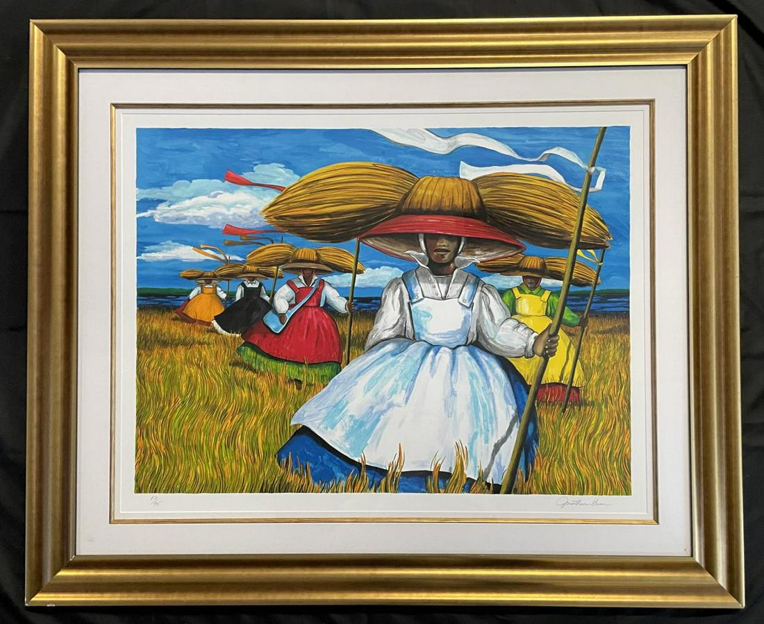 Jonathan Green (b. 1955 - ) "Sweetgrass Harvest": Jonathan Green (b. 1955 - ) Florida & South Carolina. Lithograph on Somerset Satin paper, "Sweetgrass Harvest", image area 36.5" x 27". Pencil signed lower right and numbered lower left 87/95. Gallery