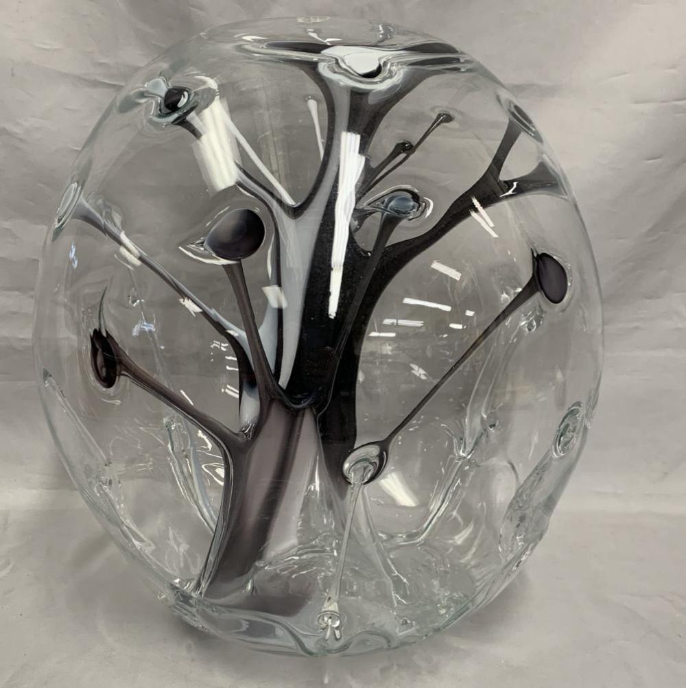 Peter Bramhall (b. 1942), Monumental Glass Sphere: Peter Bramhall (b. 1942 - ) Vermont, from the "Night Snow Series" a monumental clear glass sphere over multi-colored free-form abstract elements internally structured and decorated. Work is inscribed
