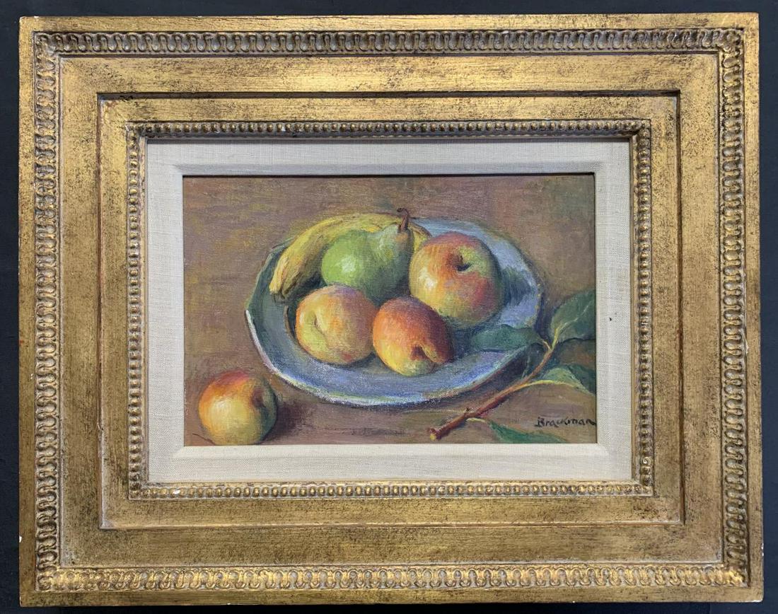 Robert Brackman (1898 - 1980) "Still Life #83": Robert Brackman (1898 - 1980) New York & Connecticut. Titled "Still Life #83 - Robert Brackman" on verso, oil on canvas, 11.5" x 7.5" under frame, in a heavy ornate framing, overall 19.5" x 15.5", sig