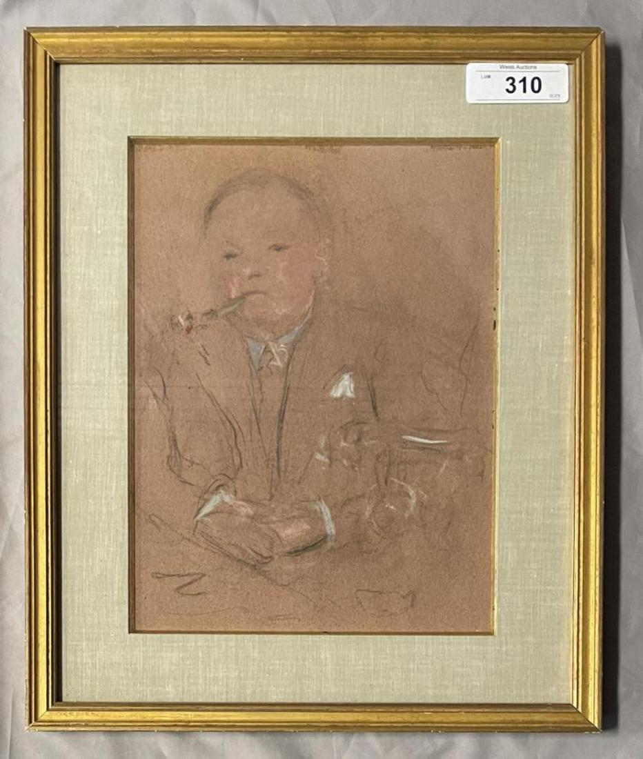 Moise (Maurice) Kisling (1891 - 1953) Pastel.: Portrait of a Man Smoking. 10" x 13" Verso: "A Souvenir of Paris a mon ami Abram Lerner, Alex Maguy 25/11/62. Gallery Maguy Label.