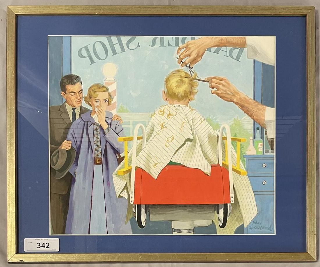 John McClelland, "First Haircut", Oil on Board: Offered is a oil on board illustration painting by John McClelland (b. 1919). Titled "First Haircut". Excellent image of a young boy sitting in a fire truck getting a haircut and his mother is wiping 