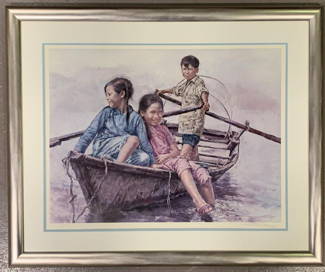 Ming Wai, Signed Lithograph "3 Children in Sampan": Offered is a color lithograph by Ming Wai (b.1938, China). Titled "Three Children In Sampan", 1976. Pencil signed lower right, and pencil numbered 540/750 lower left. Sight seen approx. 30" x 23", ove