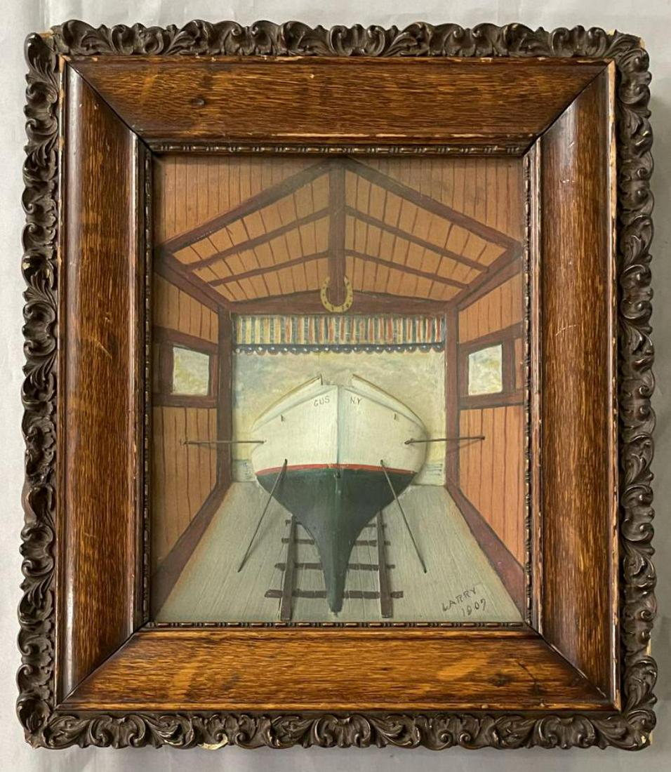 Hand Made Folk Art Boat Diorama Picture: Nice folk art diorama picture of a Boat hull within a hand painted background. Artist signed lower right Larry 1907. Sight seen approx. 7-1/2" x 9-1/2". Wooden frame shows some wear.