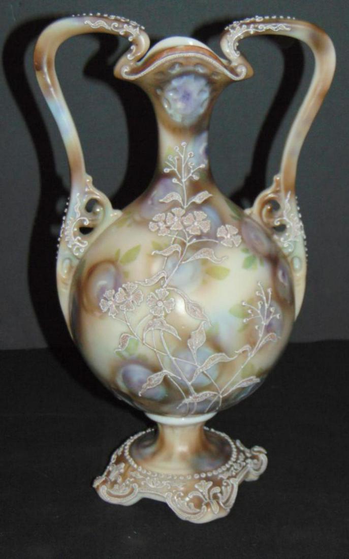Nippon Plum Pattern Moriage Bolted Vase.: 11" tall Two Handles.