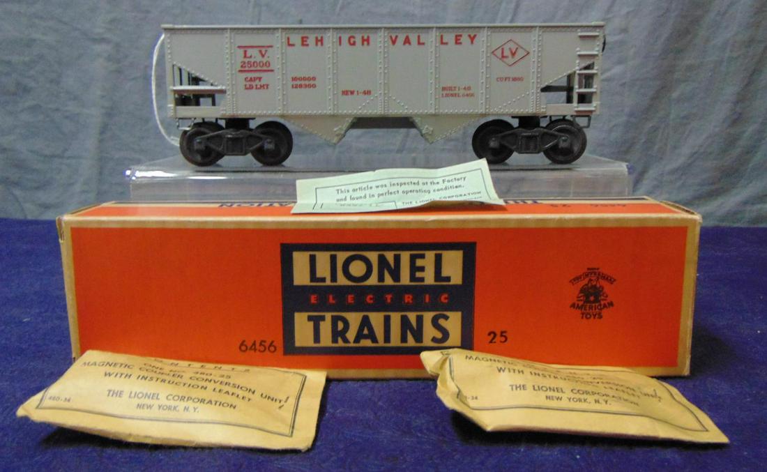 NMINT Boxed Lionel 6456-25 Gray LV Hopper: It a bit odd, that we have a Dead MINT hopper with inspection label and unrun wheels, but has sealed Replacement Coupler packs with it?? From the Frank Pisani Collection.