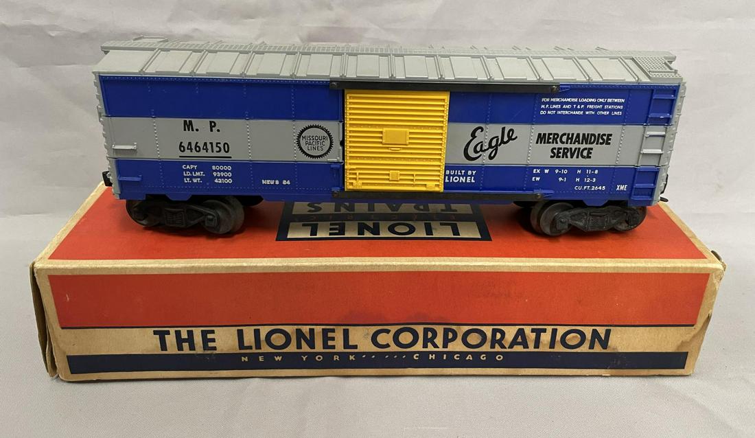 RARE LN Lionel 6464-150 1st Panel Boxcar: Super clean Lionel 6464-150 MP Boxcar, type IIA body with saw in 1st panel. It is UNRUN with clean box, missing flap one side. WOW! From The Estate Collection of Neil Padron.
