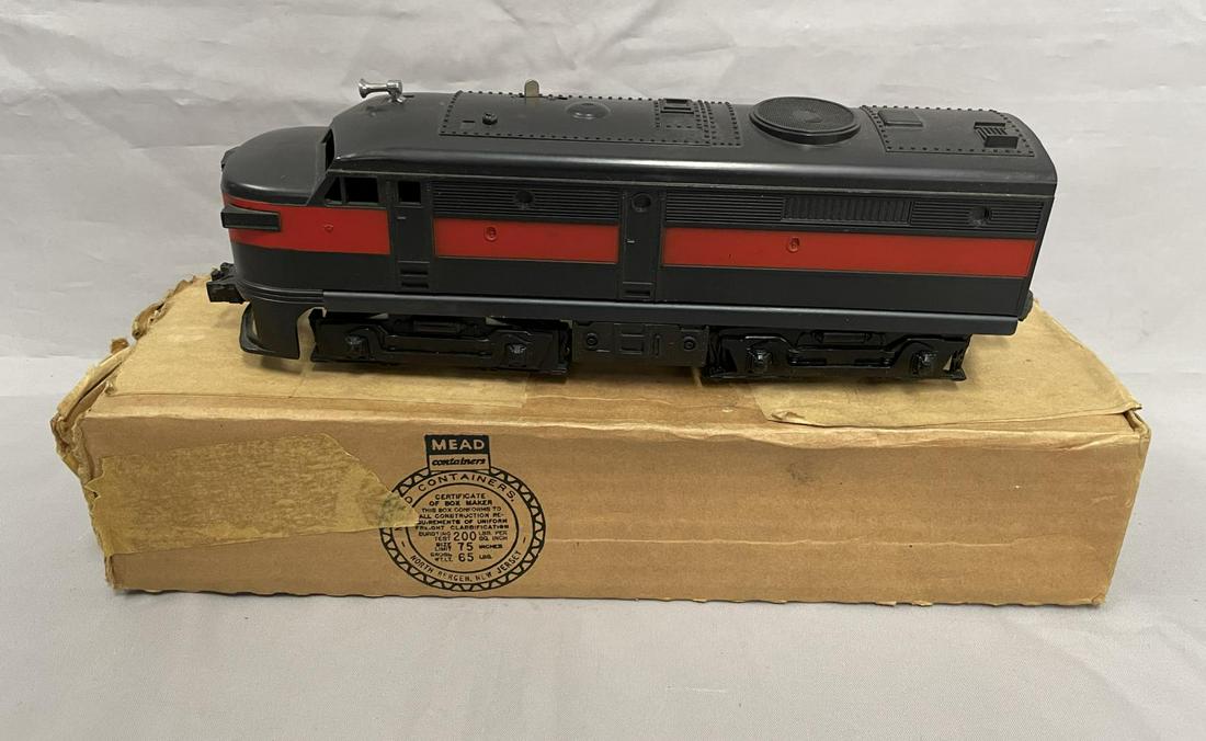 Unusual Lionel Unlettered 2041 Diesel: Late 2041 Alco that has its stripe, but no lettering either side. Cowl is intact, test run chassis with unmarked worn box. Unusual! From The Estate Collection of Neil Padron.