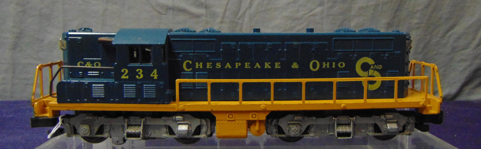 Nice American Flyer 21234 C&O GP7 Diesel: S Gauge. Nice short step example, with only very minor chips on handrail. It has an operating bell and shows light playwear. From the Frank Pisani Collection.