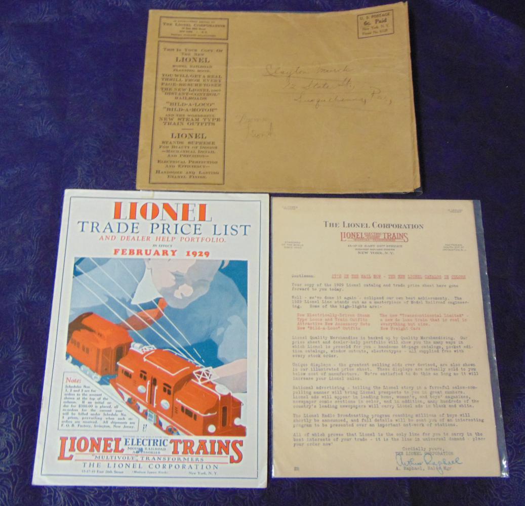 1929 Lionel Price & Display Catalog & Letter: February 1929. Very nice example of this scarce Lionel catalog. Shows amazing store displays, factory layout with its welcome letter and mailing envelope. Very clean. WOW!