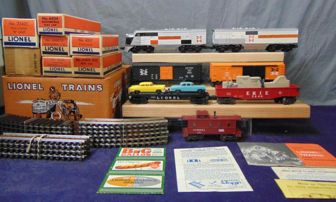 Super Boxed Lionel NH F3 Set 2507W: 1957. Includes a 2242 NH F3 AB Diesels. Beautifully clean and bright, unused battery box and test run wheels; 6424 Auto-Loader; 6468-25 NH Boxcar; 3444 Cop & Hobo Car; 6464-425 NH Boxcar; 6357 Caboose