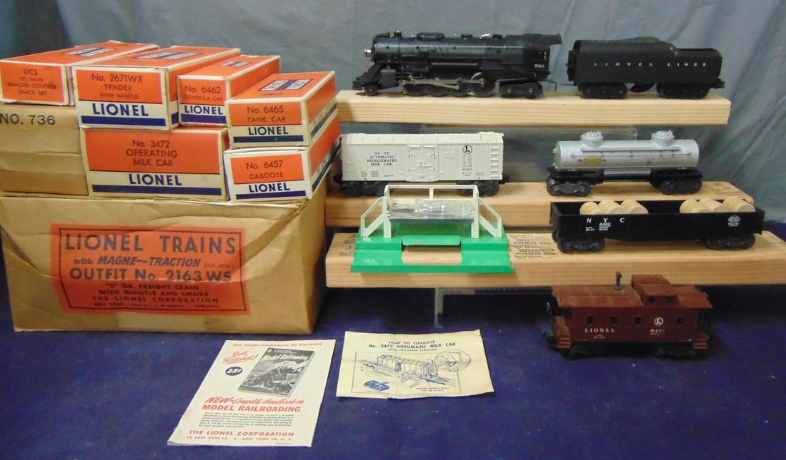Clean Boxed Lionel Berk Set 2163WS: 1950. Includes a correct for issue, 1st series 736 Berkshire loco with unsupported headlight; 2671WX LL tender, wide letter spacing; 6472 Milk Car with platform; 6462 gondola with drums; 6465 tank car