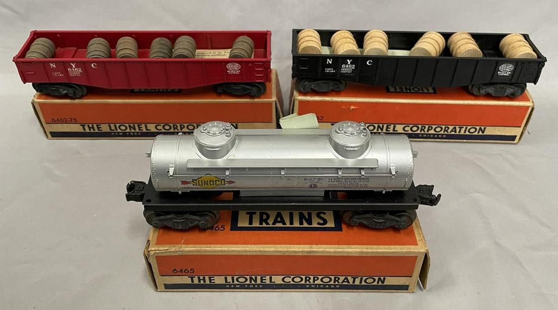 NMINT Boxed Lionel 6465, 6462, 6462-75 Freights: Includes a 6465 Sunoco tank, nice silver; 6462-75 Red Painted gondola with barrels; 6462 NYC gondola with drums. All are UNRUN with inspection labels and clean boxes. WOW!
