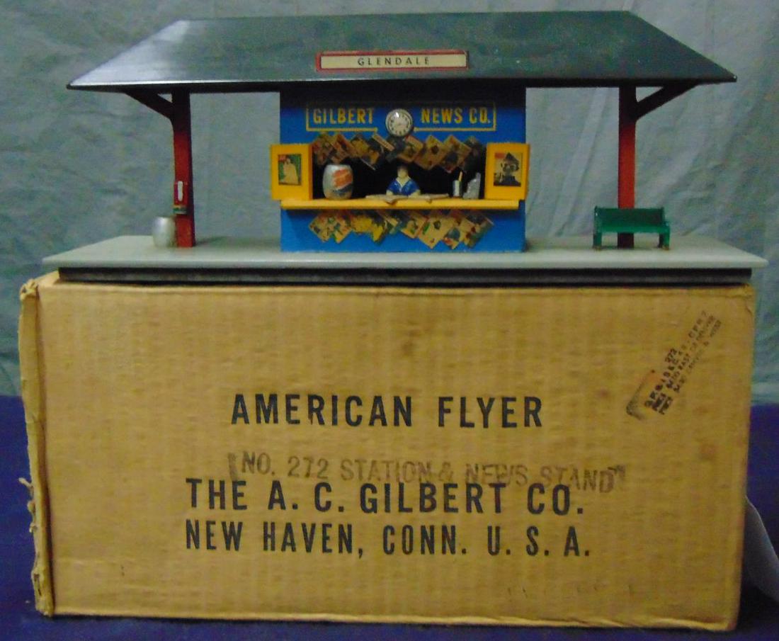 Nice Boxed American Flyer Glendale Newsstand: S Gauge.Clean with light gray masonite base. It shows light handling with nice maroon lettered box. From The Estate Collection of Neil Padron.
