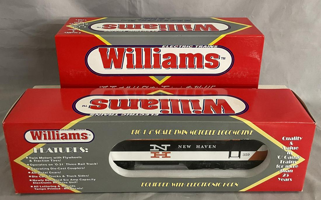 2 Boxed Williams Locomotives: Includes a EP301 NH EP5, cab 301, with Horn; T4407 NH 44-Ton Diesel with True Blast II Horn. Both show light runtime with boxes.